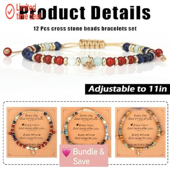 12 Pack Natural Stone Cross Stretch Bracelets, Christian Gifts for Women - Picture 5 of 8